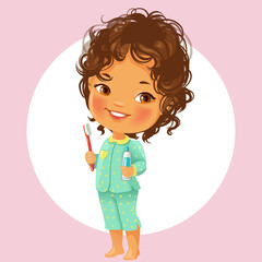Vector portrait of cute little girl ready to brush teeth in the morning. Wear pajamas, hold toothbrush and toothpaste. Smiling girl with brown curly hair.