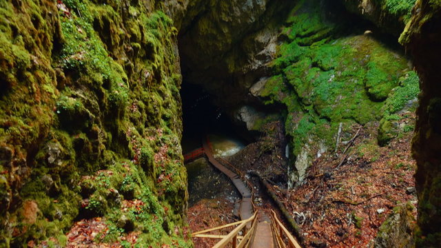 Wide angle, tilting view of the Scarisoara Ice Cave in Romania. 