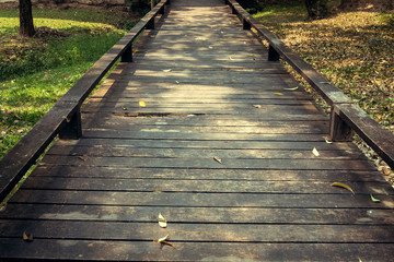 old wooden walkway with falling leaves in the morning of autumn