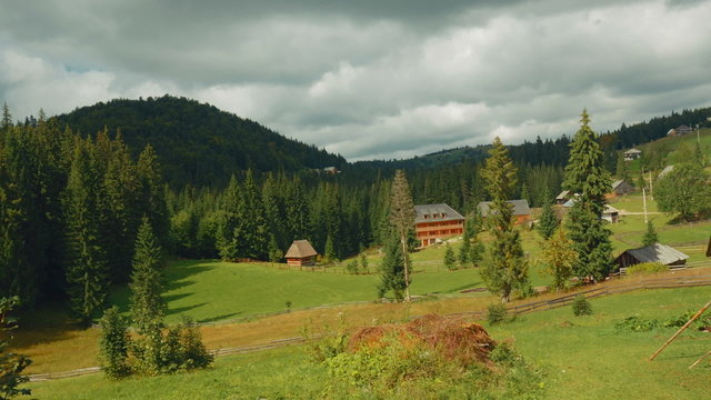 A wide angle pastoral scene in the Romanian countryside on a sunny  day
