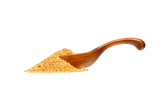 Yellow mustard seeds in the wooden spoon, isolated on white back
