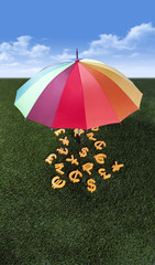Currency units under the colourful umbrella on green grass