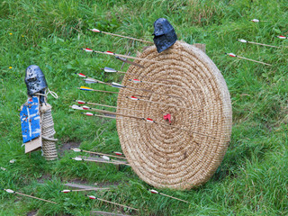 An archery target peppered with arrows 