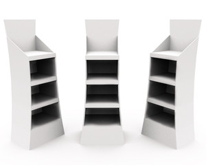 Set of displays with shelves on white. render