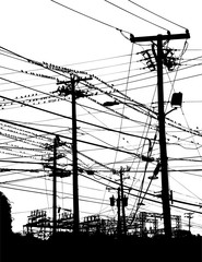 A complex maze of telephone poles and wires