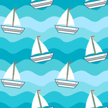 cartoon cute lovely boat in the sea seamless vector pattern background illustration