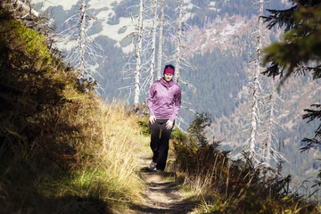Girl walk over the mountains, Czech mountains Krkonose