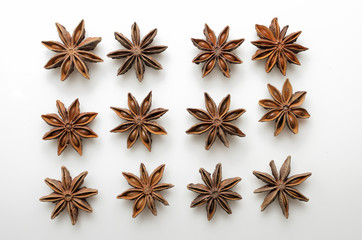 Star anise spices on white background
