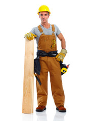 Construction worker with wood plank.