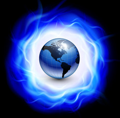 Background with burning ring of blue flames and earth globe inside