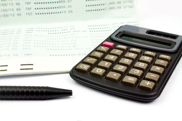 calculator and pen and passbook bank on white background, isolated