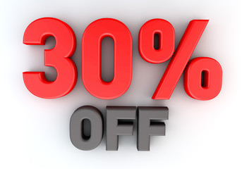 3D rendering of a 30 percent in red letters on a white background