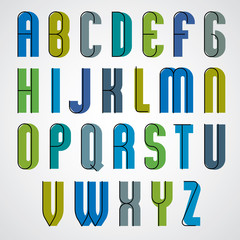 Colorful binary narrow cartoon font, rounded upper case letters.