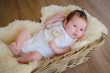 beautiful newborn baby in a basket lying