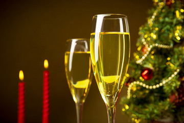 Christmas tree, Champagne, and candle