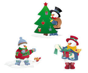 Isolated Christmas Snowman with Gift, tree and bird.