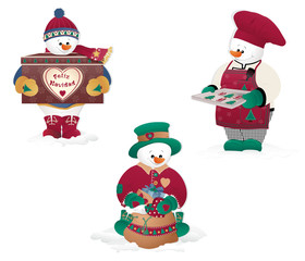 Christmas Snowman isolated in white. Gifts, cookies.
