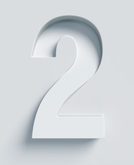 Number 2 slanted 3d font engraved and extruded from the surface