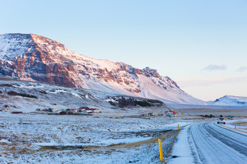 Views from the Ring Road at sunrise. The Ring Road  (Route 1) of Iceland, between Hof and  Jokulsarlon.  South of Iceland