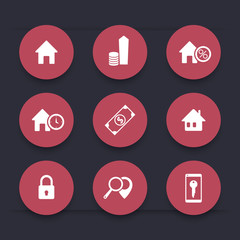 Real Estate, house sale, search, round red icons, vector illustration