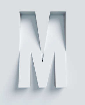 Letter M slanted 3d font engraved and extruded from the surface
