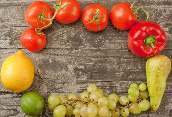 fruits and vegetables on the old board