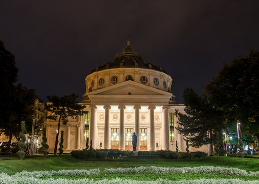 The neoclassical building called "Ateneul Roman" (Atheneum) usual place to host classical shows. George Enescu Festival. Night time.