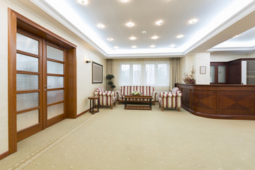 Hotel lobby with reception desk