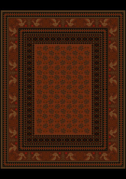 Luxury rug in burgundy shades with flowers and stylized birds on the boarders
