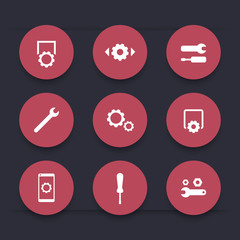 settings, configuration, preferences round red icons, vector illustration