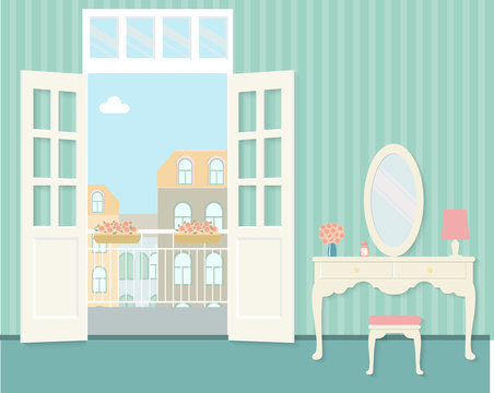 vintage bedroom with dressing table and open balcony. Flat vector illustration