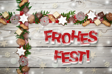 Holzhintergrund mit Weihnachtsdekoration - Frohes Fest!