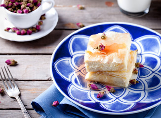 Greek phyllo pastry pie with rose custard