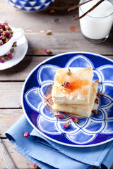 Greek phyllo pastry pie with rose custard