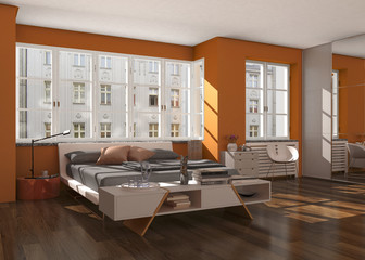 Schlafzimmer mit Bett und Kleiderschrank