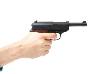 Man's hand holding gun, isolated on white.