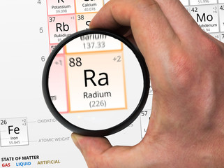 Radium symbol - Ra. Element of the periodic table zoomed with magnifier