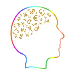 Color contour of a human head with golden world currencies in the brain on a white background