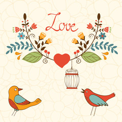 Elegant love card with birds and floral wreath