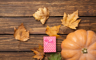 Pumpkin and leafs with gift