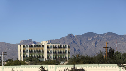 Tucson downtown with a backdrop of blue sky above Santa Catalina mountain range in the North