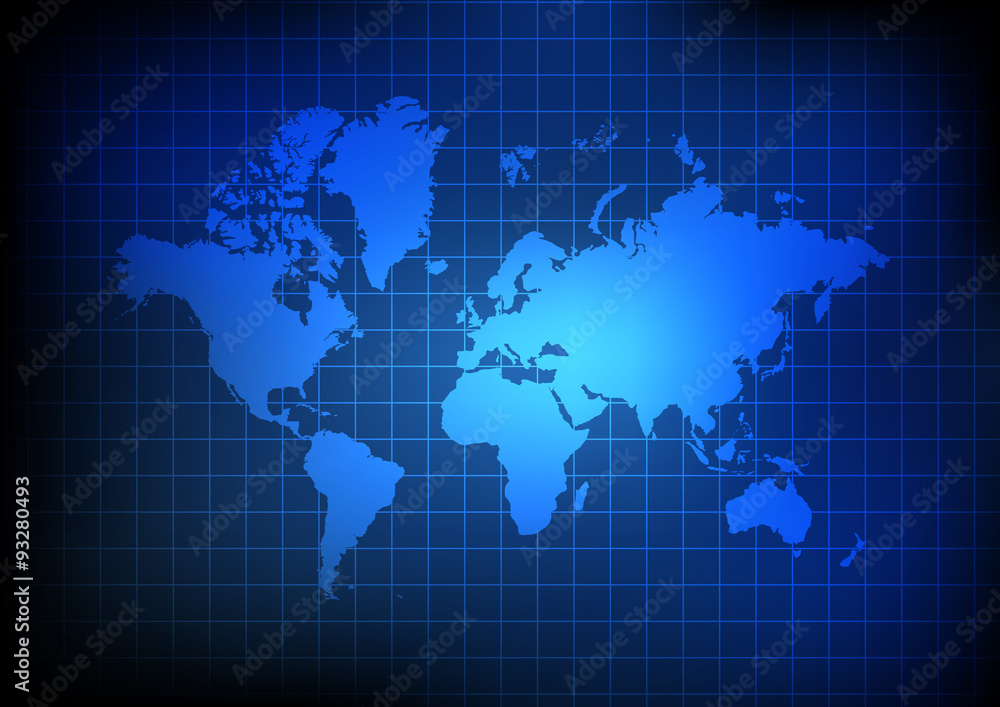 Poster vector : world map and grid on blue background