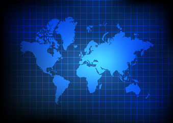 Vector : World map and grid on blue background