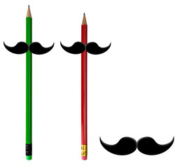 Movember moustaches on red, green pencils and isolated on white.