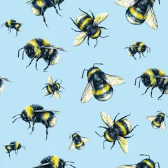 Fotobehang Bumblebee on a light blue background. Watercolor drawing. Insects art. Handwork. Seamless pattern © MargaritaSh