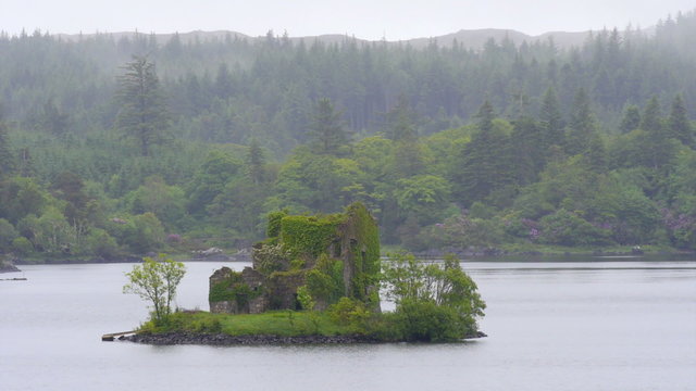 Old stone house, overgrown with plants, on a tiny island in a lake in Connemara, Ireland, on a foggy day. HD 1080p slow zoom in.