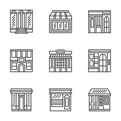 Store and cafe fronts flat line icons