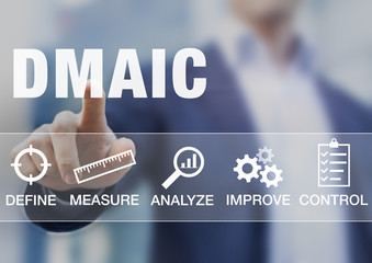 Manager presenting DMAIC continuous improvement tools for proces
