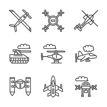 Military unmanned vehicles flat vector line icons