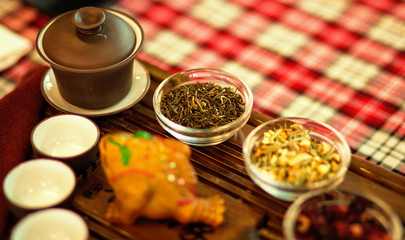 Set of dishes for chinese tea ceremony on tray. Green tea